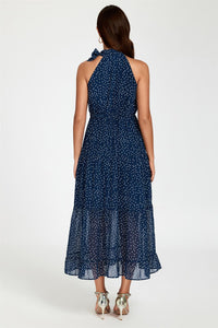 Dot Print Halter Neck Maxi Dress In Navy