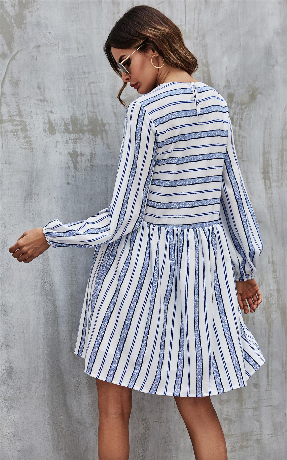Blue Stripe Print Long Sleeve Smock Dress In White