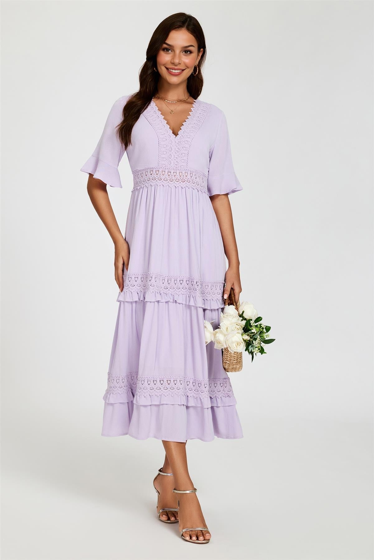 V Neck Lace Detail Midi Dress In Purple