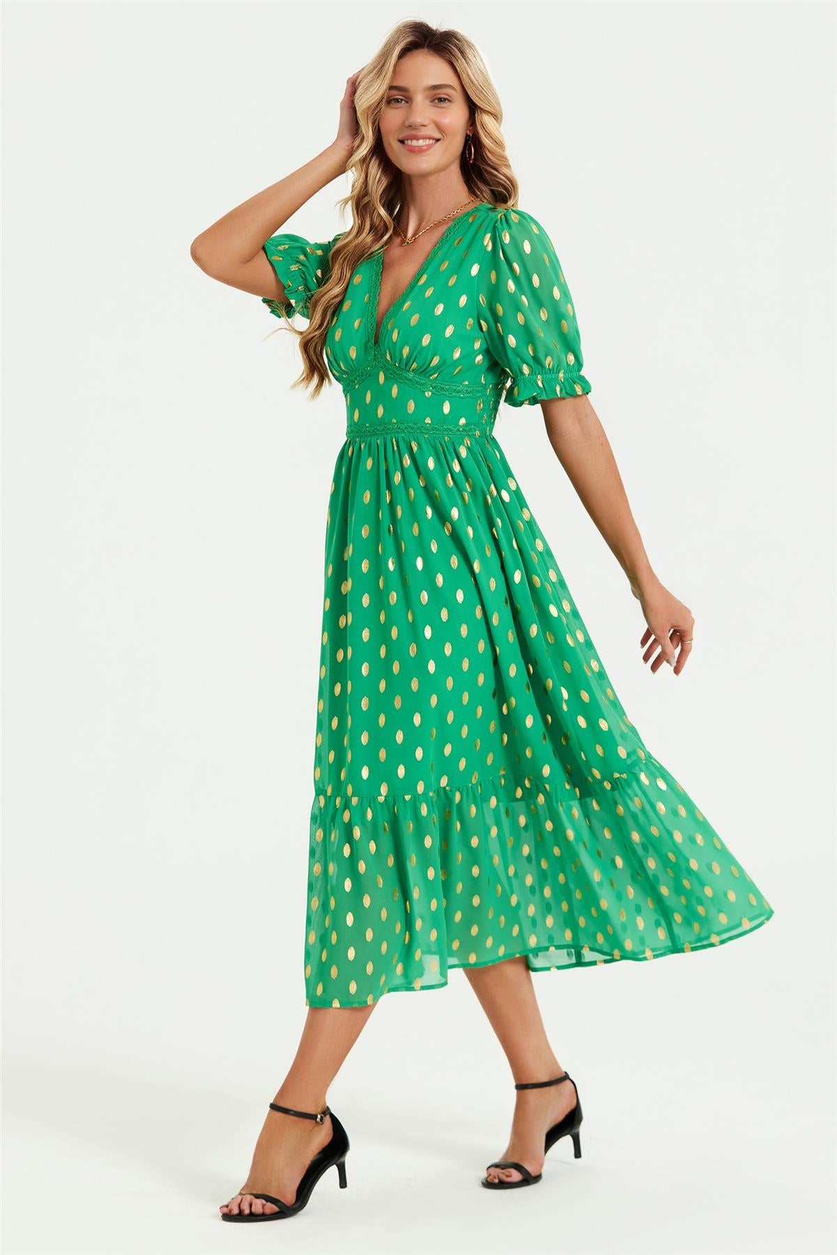 Lace Trim Foil Midi Dress In Green
