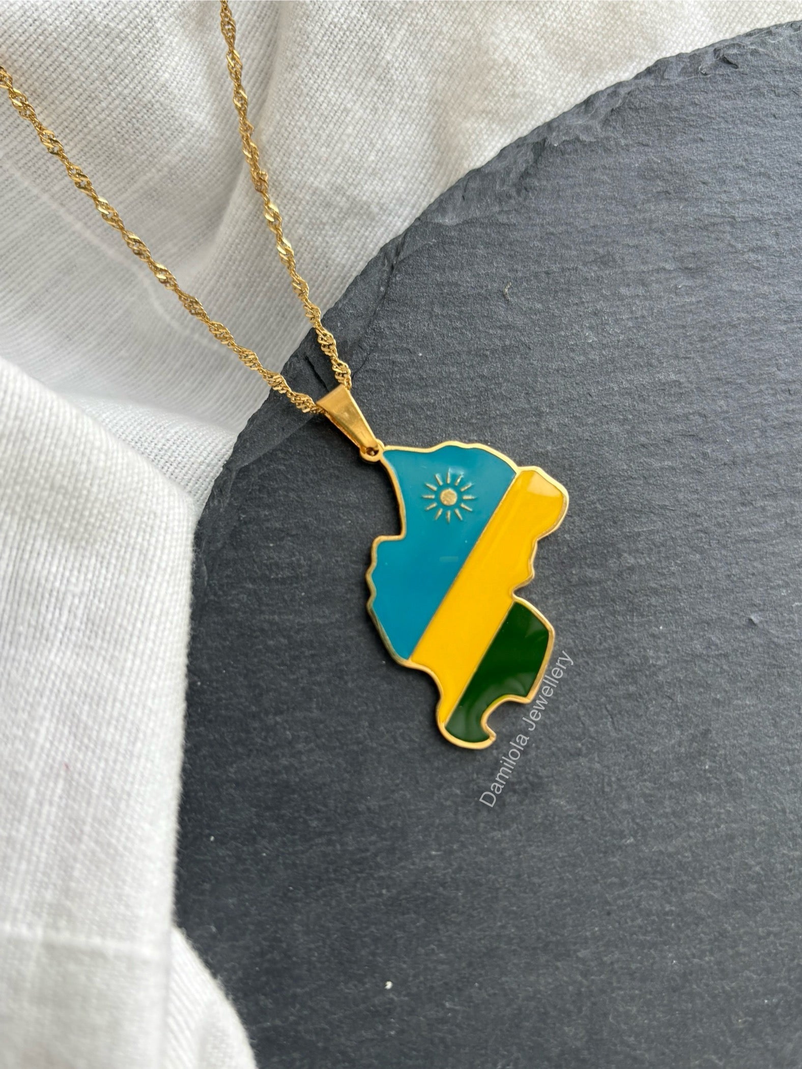 Rwanda Flag Map Necklace - Gold