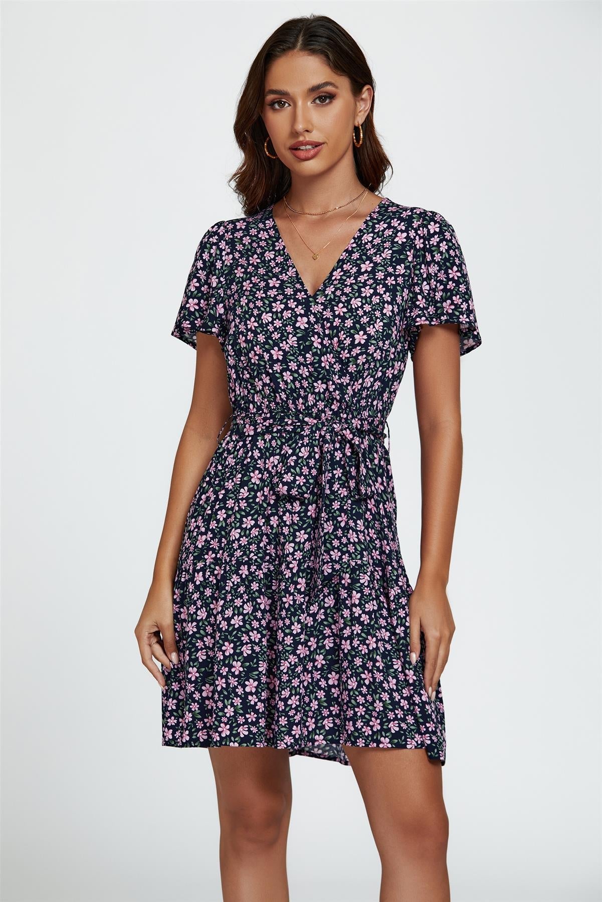 Floral Print Hem Tiered Wrap Mini Dress In Navy