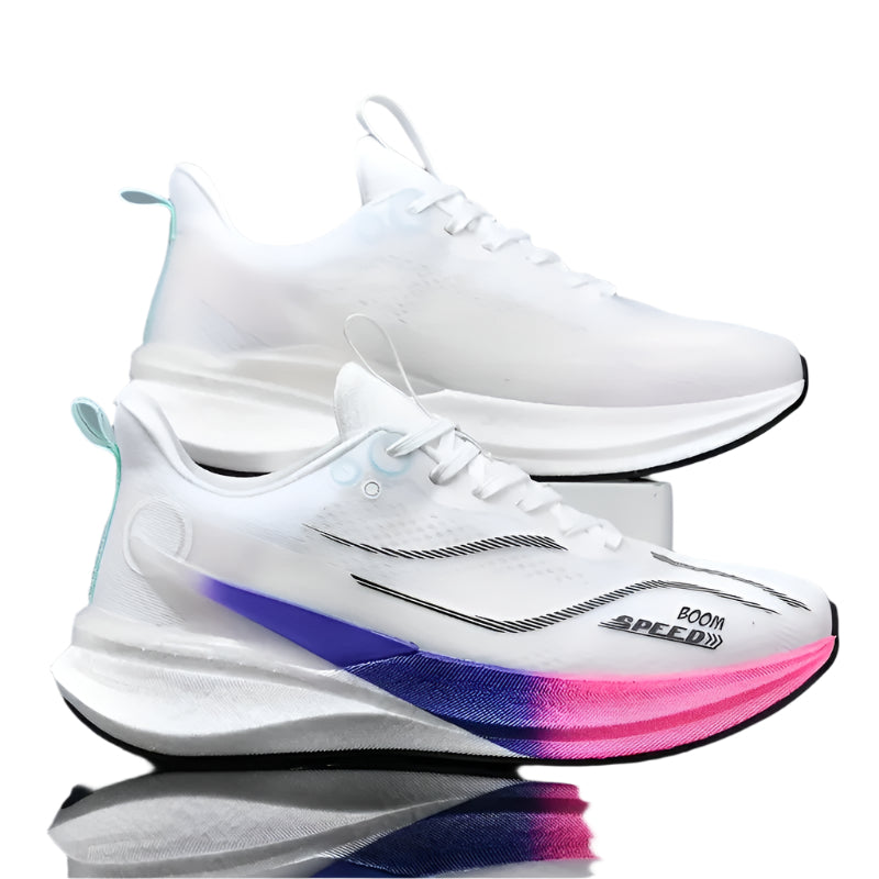 FAYWELLME Unisex Carbon Fiber Running Shoes – Lightweight, Shock-Absorbing Sneakers with Breathable Upper & TPU Sole – White & Orange All-Season Athletic Footwear