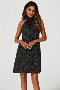 Gold Foil Halter Neck Tie Back Mini Dress In Black