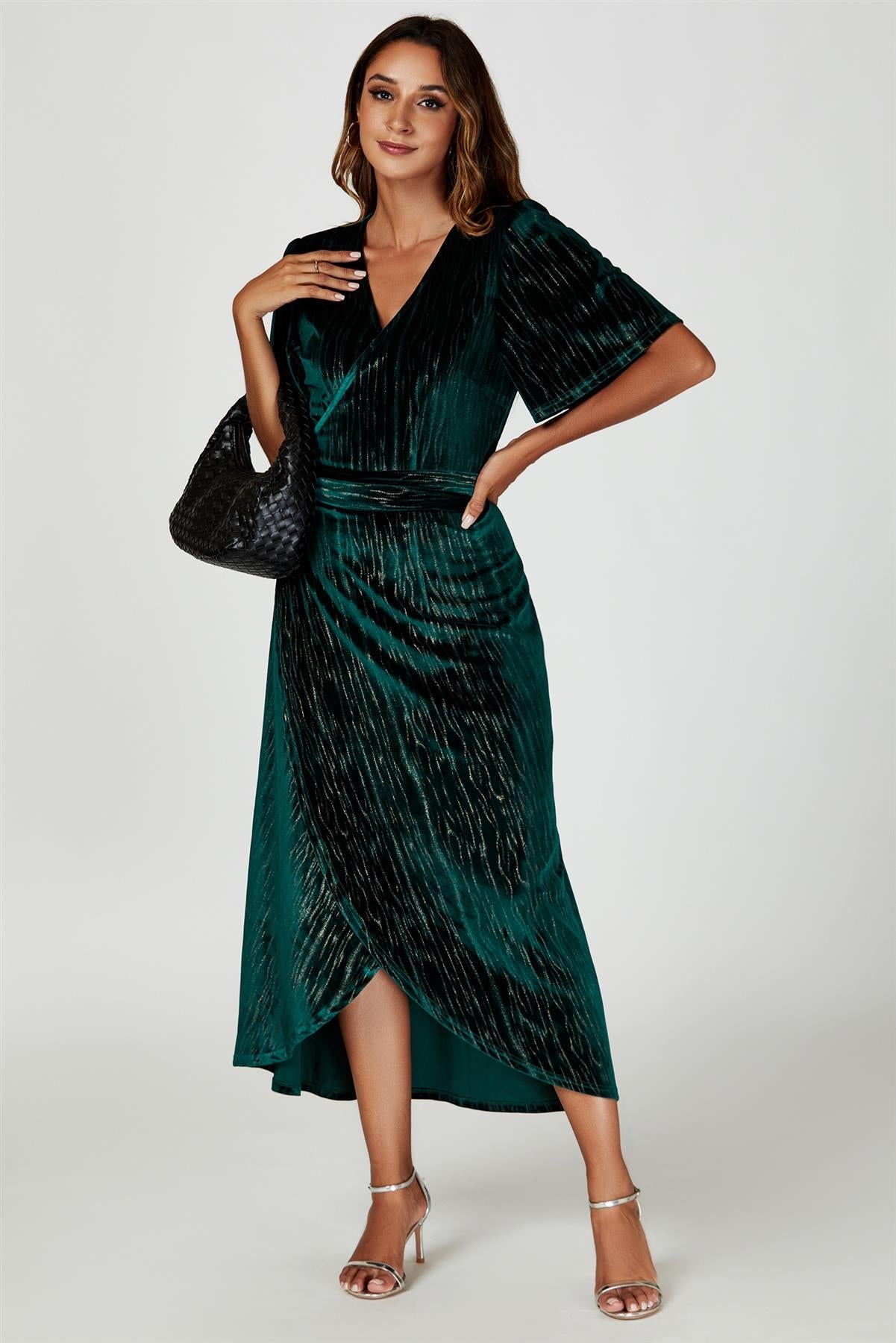 Gold Foil Velvet Wrap Maxi Dress In Green
