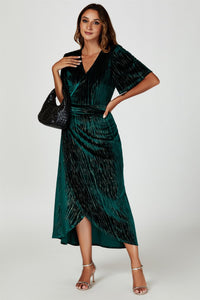 Gold Foil Velvet Wrap Maxi Dress In Green