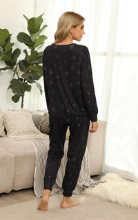 Grey Star Print Loungewear Co Ord Set In Black