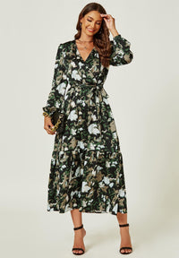 Long Sleeve Wrap Midi Dress In Black Print
