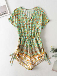 Playsuit With Drawstring Detail In Mint and Yellow Mixed Print