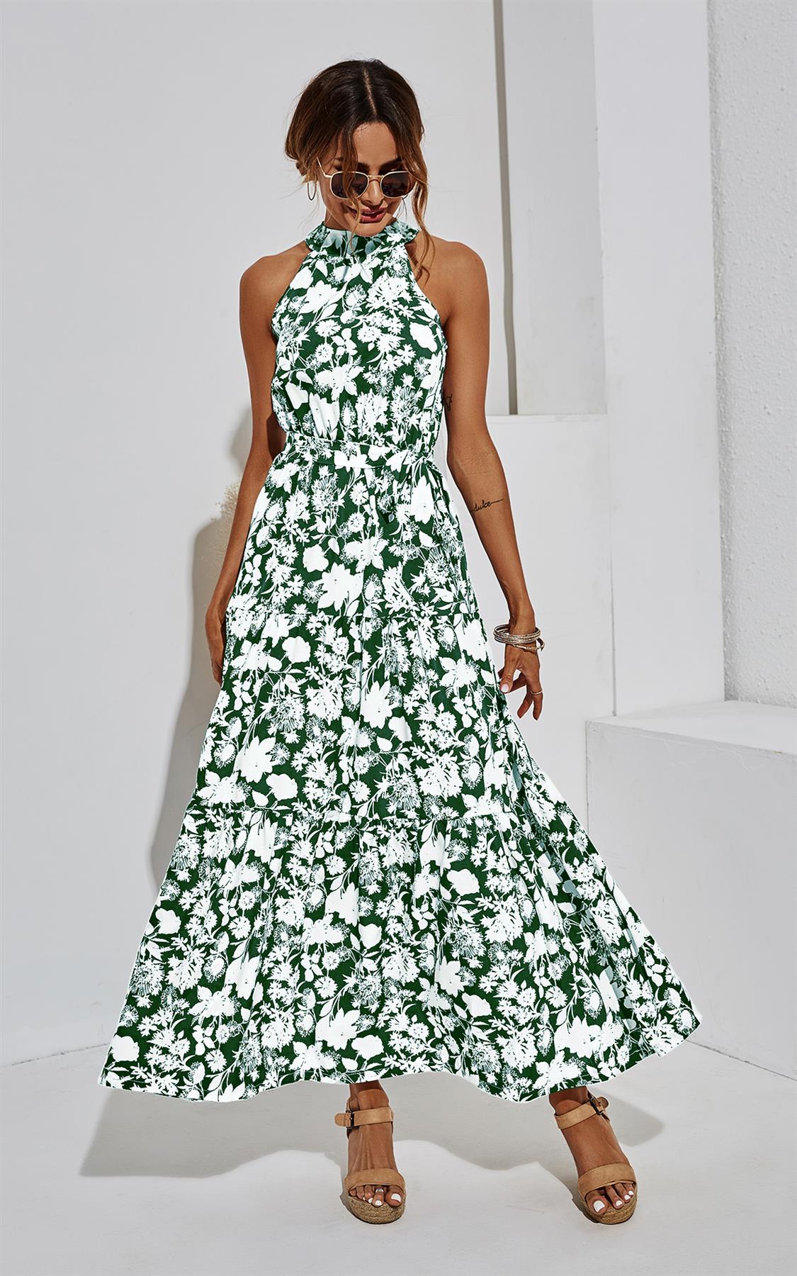 Halter Neck Midi Layer Dress In Green & White Flora Print