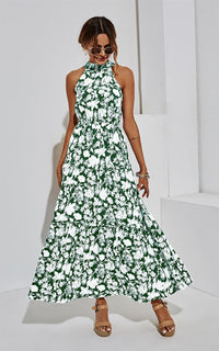 Halter Neck Midi Layer Dress In Green & White Flora Print