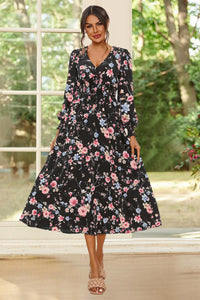 Floral Print Long Sleeve Midi Dress In Black