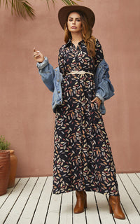 Leaf Print Black Shirt Dress With Tie Waist + Free Gold Stretch Leaf Belt