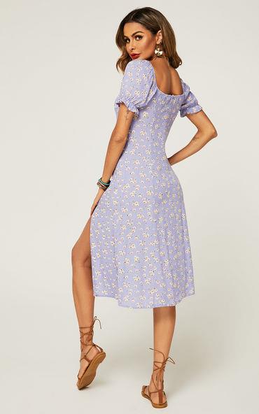 Tie Front Slip Leg Dress In Purple With Flora Print