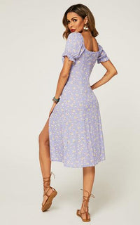 Tie Front Slip Leg Dress In Purple With Flora Print