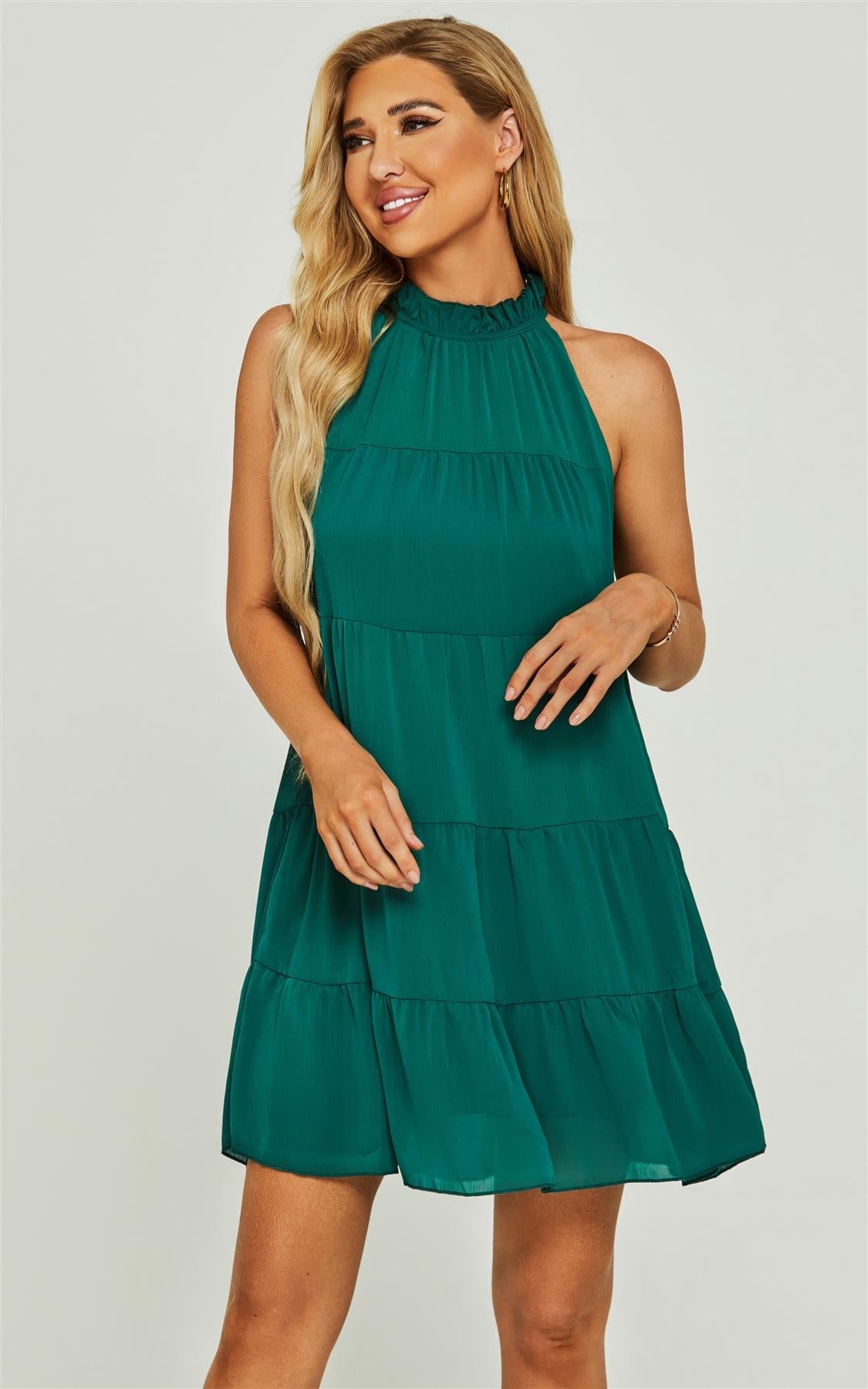 Tie Back Frill Halter Neck Mini Layer Dress In Green