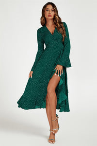 Dot Print Wave Front Frill Wrap Midi Dress In Green