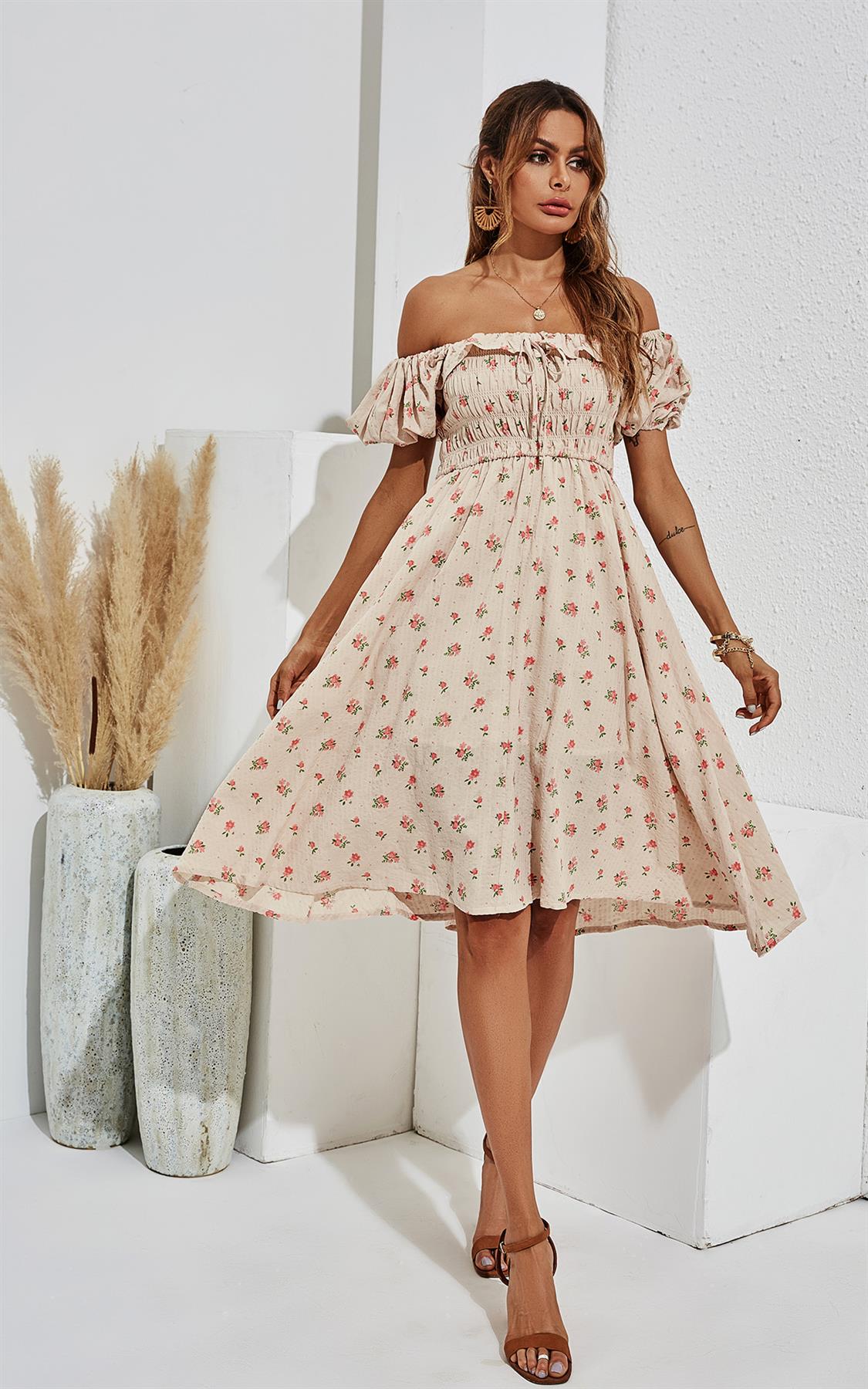 Pink Floral & Green Leaf Print Puff Frill Sleeve Elasticated Detail Midi Dress In Beige