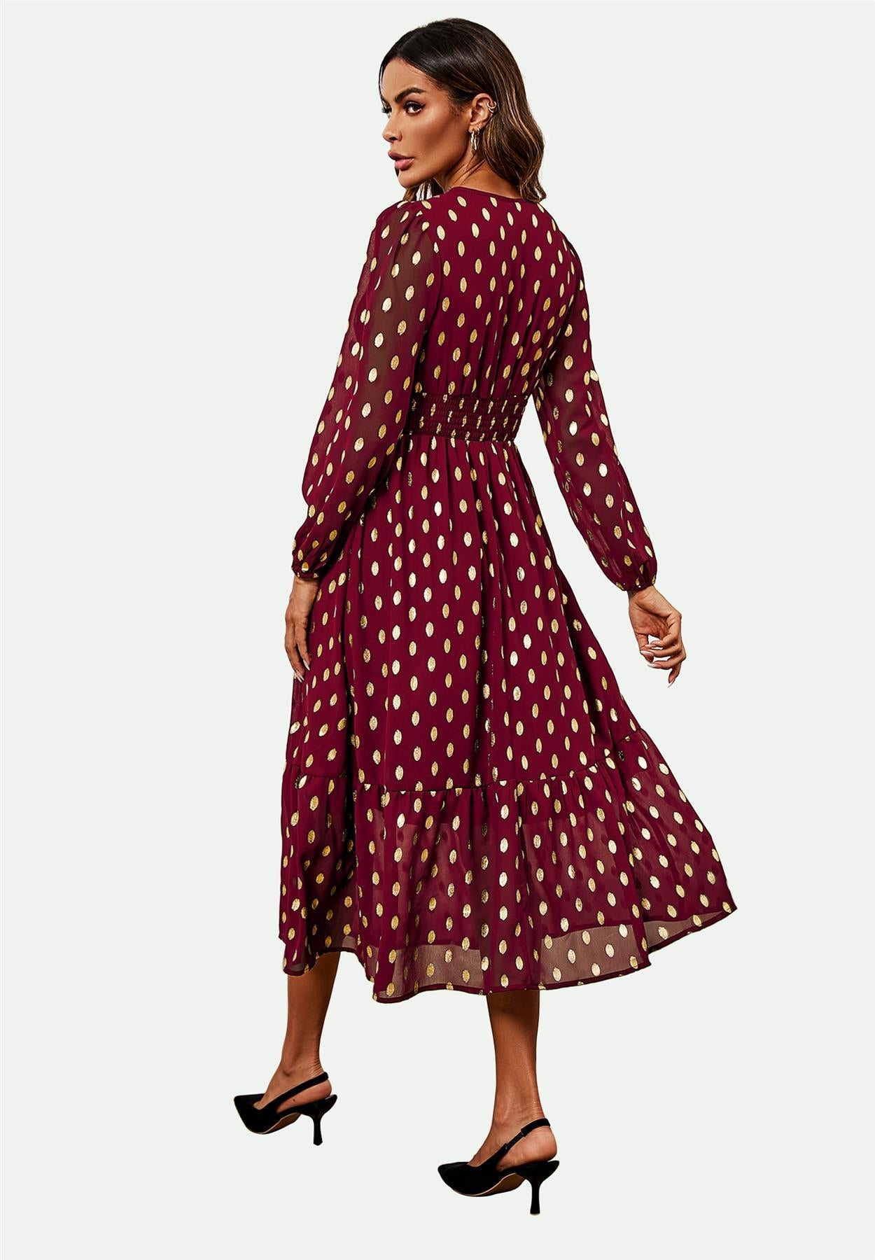 Lace Trim Foil Long Sleeve Maxi Dress In Wine