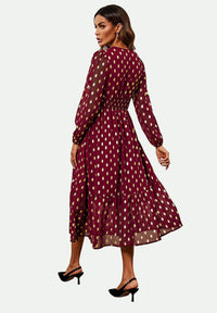 Lace Trim Foil Long Sleeve Maxi Dress In Wine