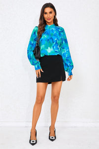 Abstract Floral Print Halter Neck Blouse Top In Blue