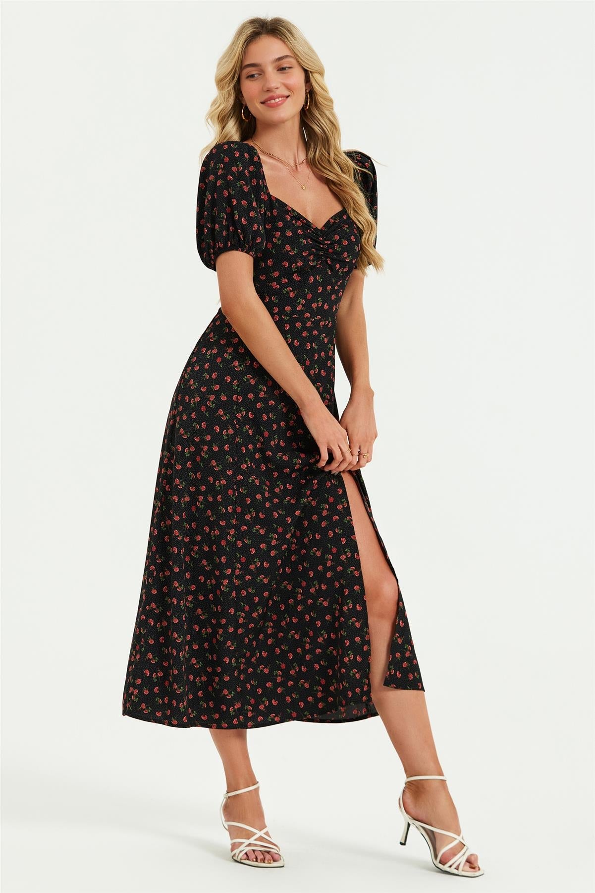 Puff Sleeve Heart Neckline Midi Dress In Black
