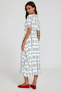 Geo Print Midi V neckline Dress In White