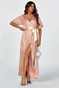 Wrap Style Sequin Maxi Dress In Gold