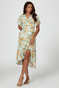 Floral Print Angel Sleeve Wrap Midi Dress In Yellow