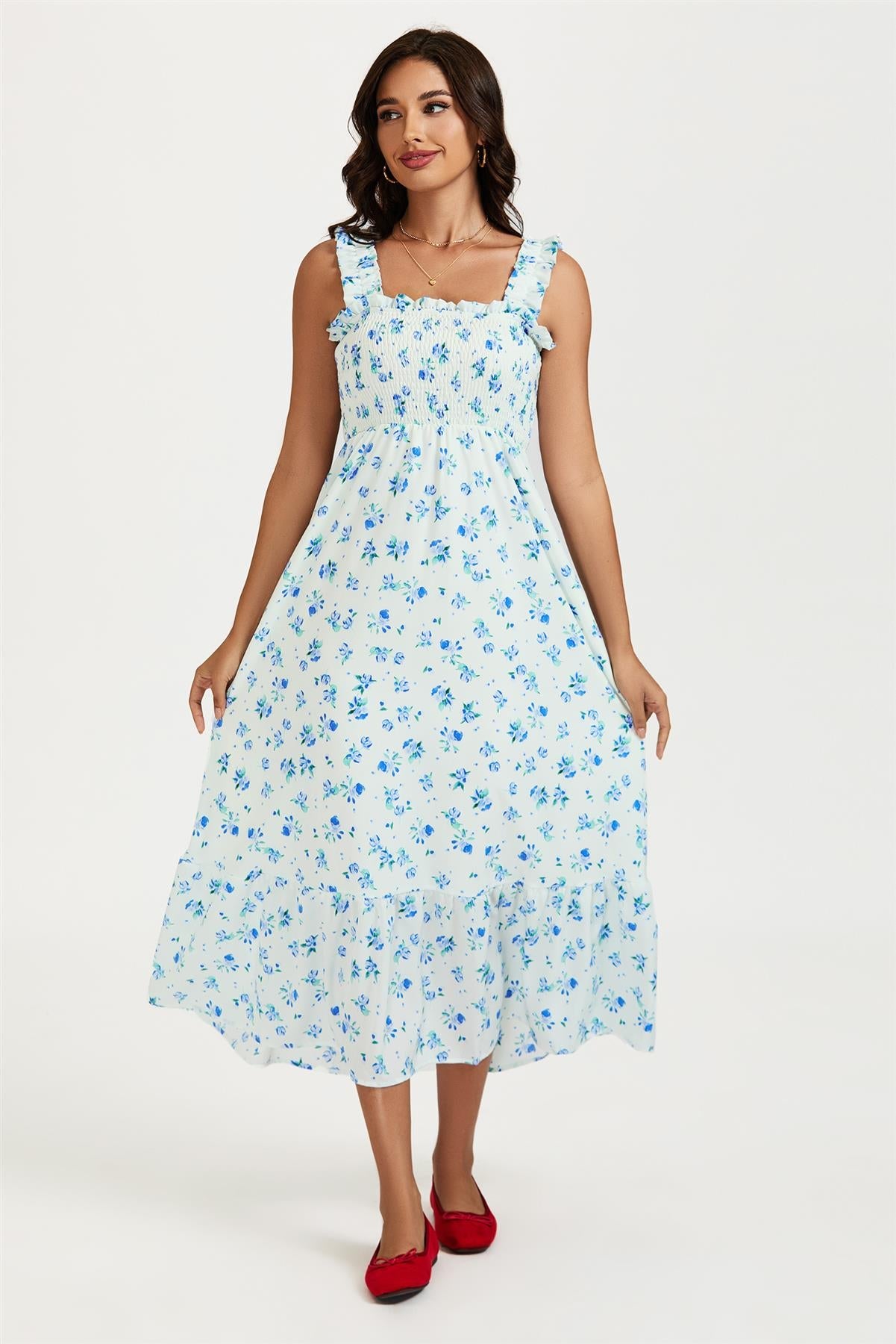 Floral Print Hem Detail Maxi Dress In White