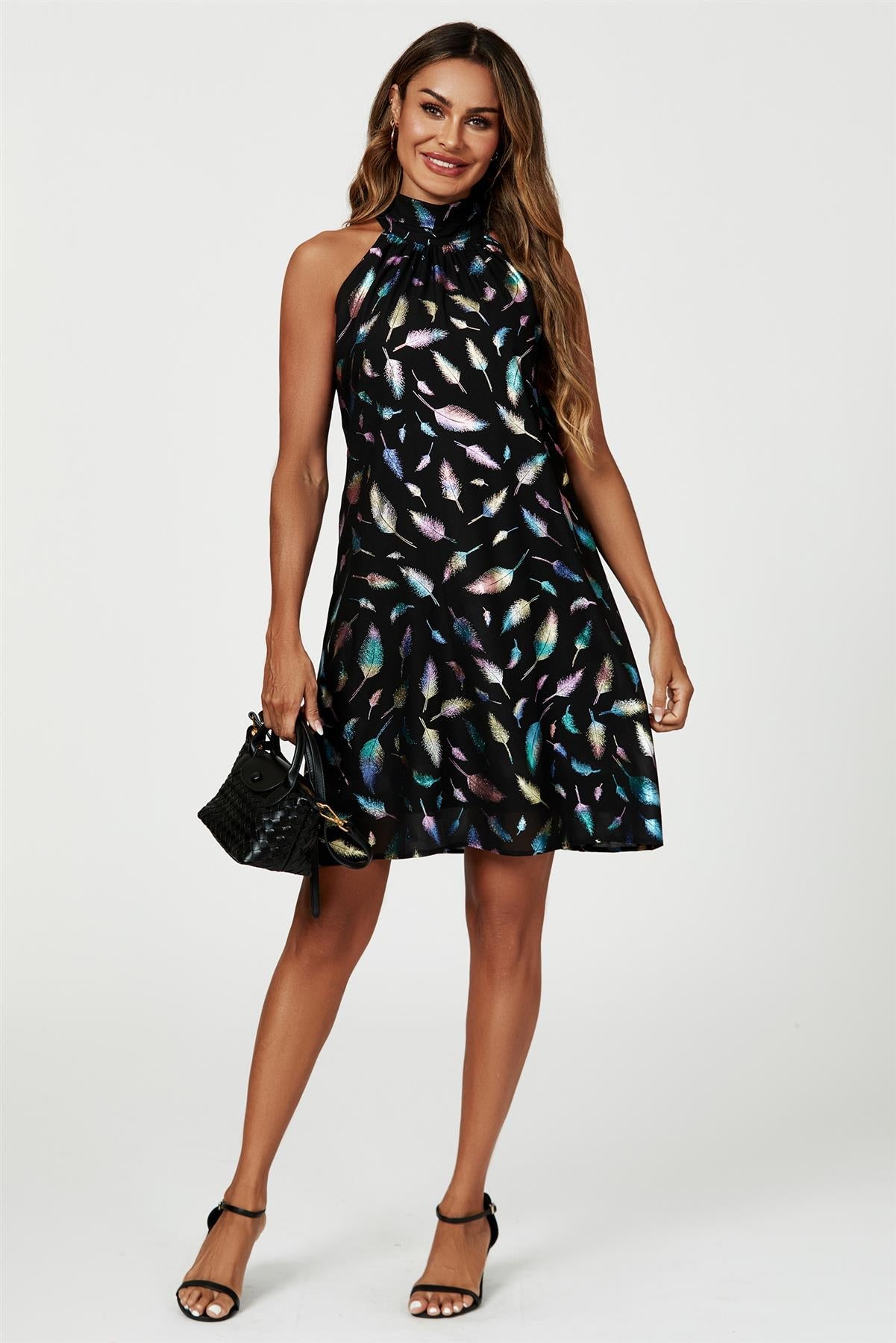 Rainbow Leaf Foil Halter Neck Tie Back Mini Dress In Black