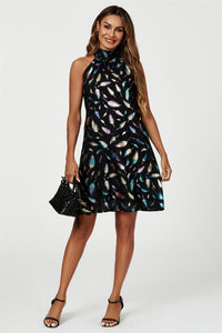 Rainbow Leaf Foil Halter Neck Tie Back Mini Dress In Black