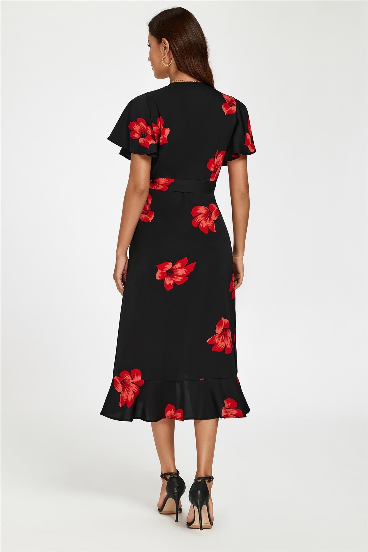 Floral Print Angel Sleeve Wrap Dress In Black