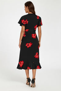 Floral Print Angel Sleeve Wrap Dress In Black