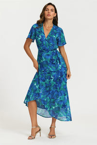Abstract Floral Print Wrap Maxi Dress In Blue