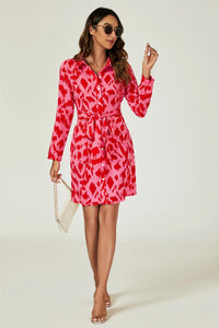 Abstract Print Shirt Mini Wrap Dress In Pink