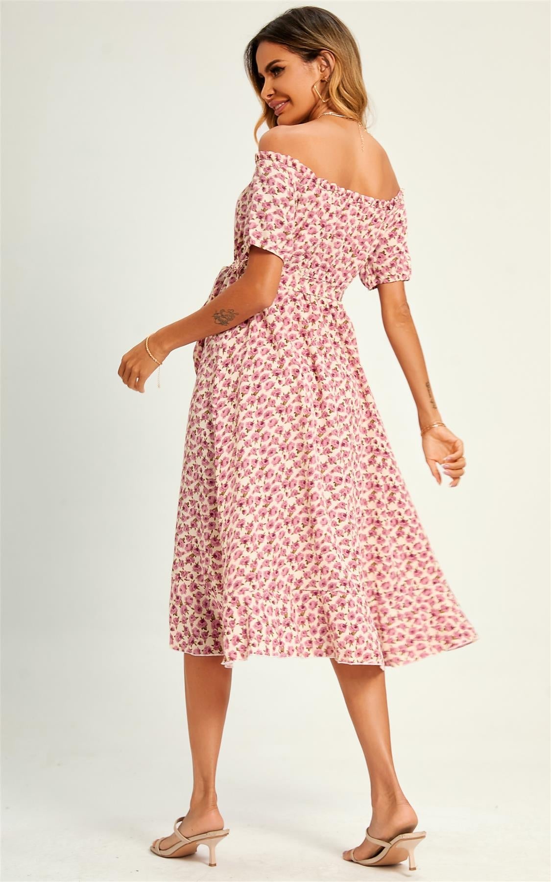 Rose Garden Bardot Frill High Low Slip Midi Dress In Pink