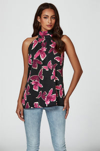 Butterfly Print Halter Neck Tie Back Top In Black