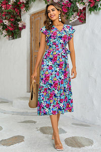 Multi Colour Floral Print Wrap Dress In Navy