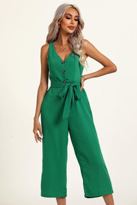 V Neck Cut Detail Jumpsuit In Green
