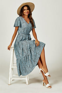 Leopard Print Hem Tiered Wrap Midi Dress In Blue