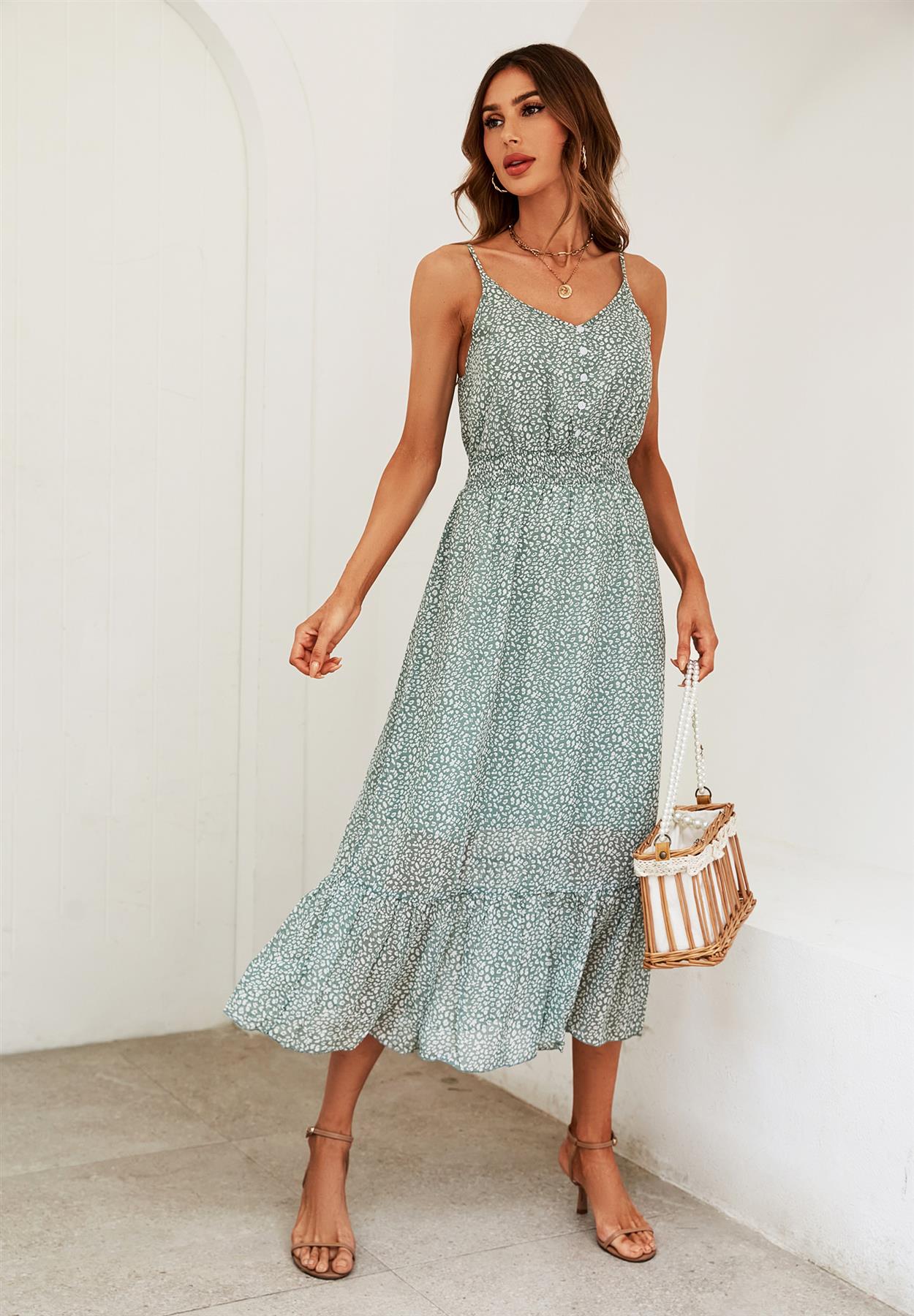 Leopard Print Button Detail Strappy Maxi Dress In Green