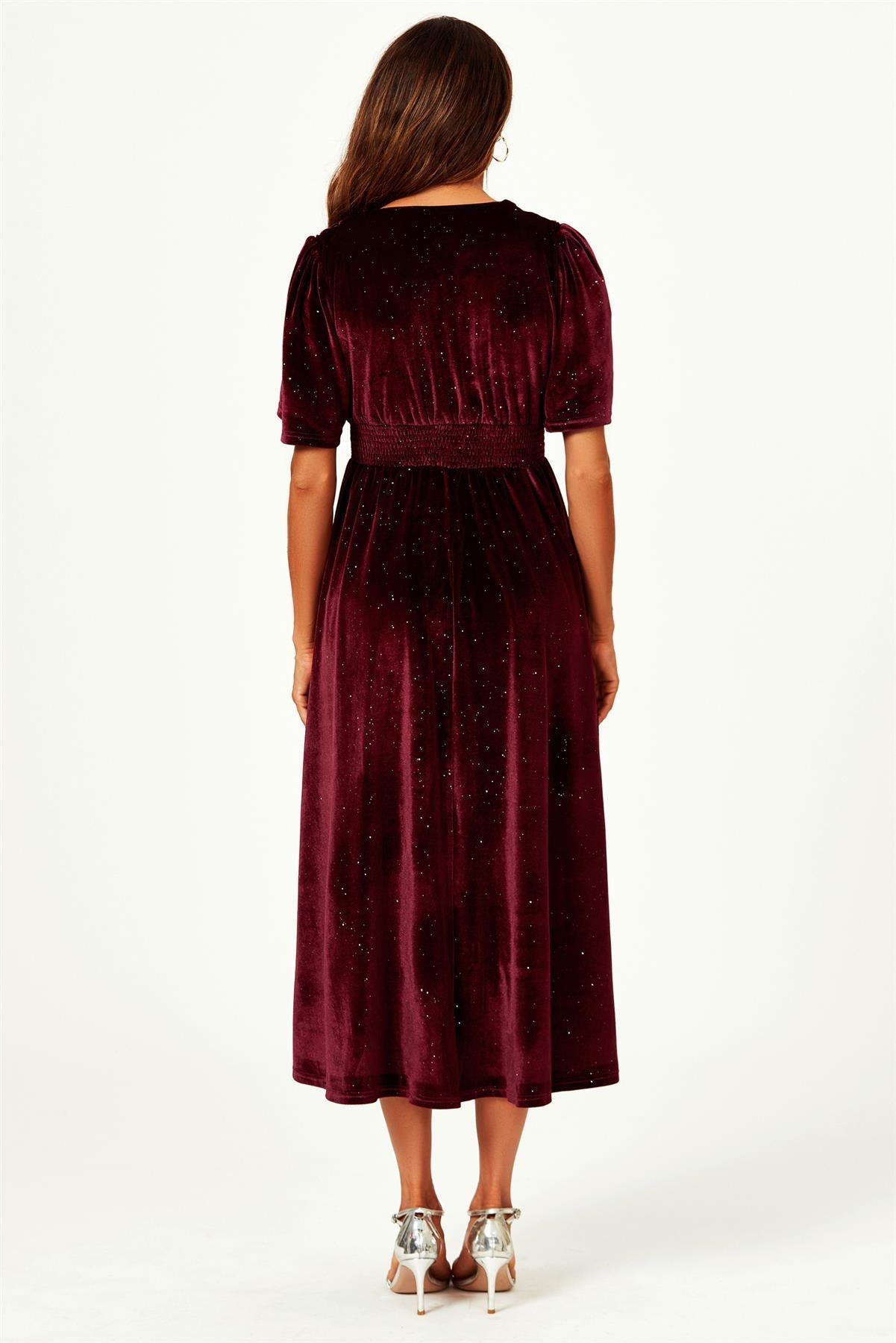 V Neck Velvet Midi Dress In Wine