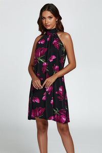 Floral Print Halter Neck Tie Back Mini Dress In Black