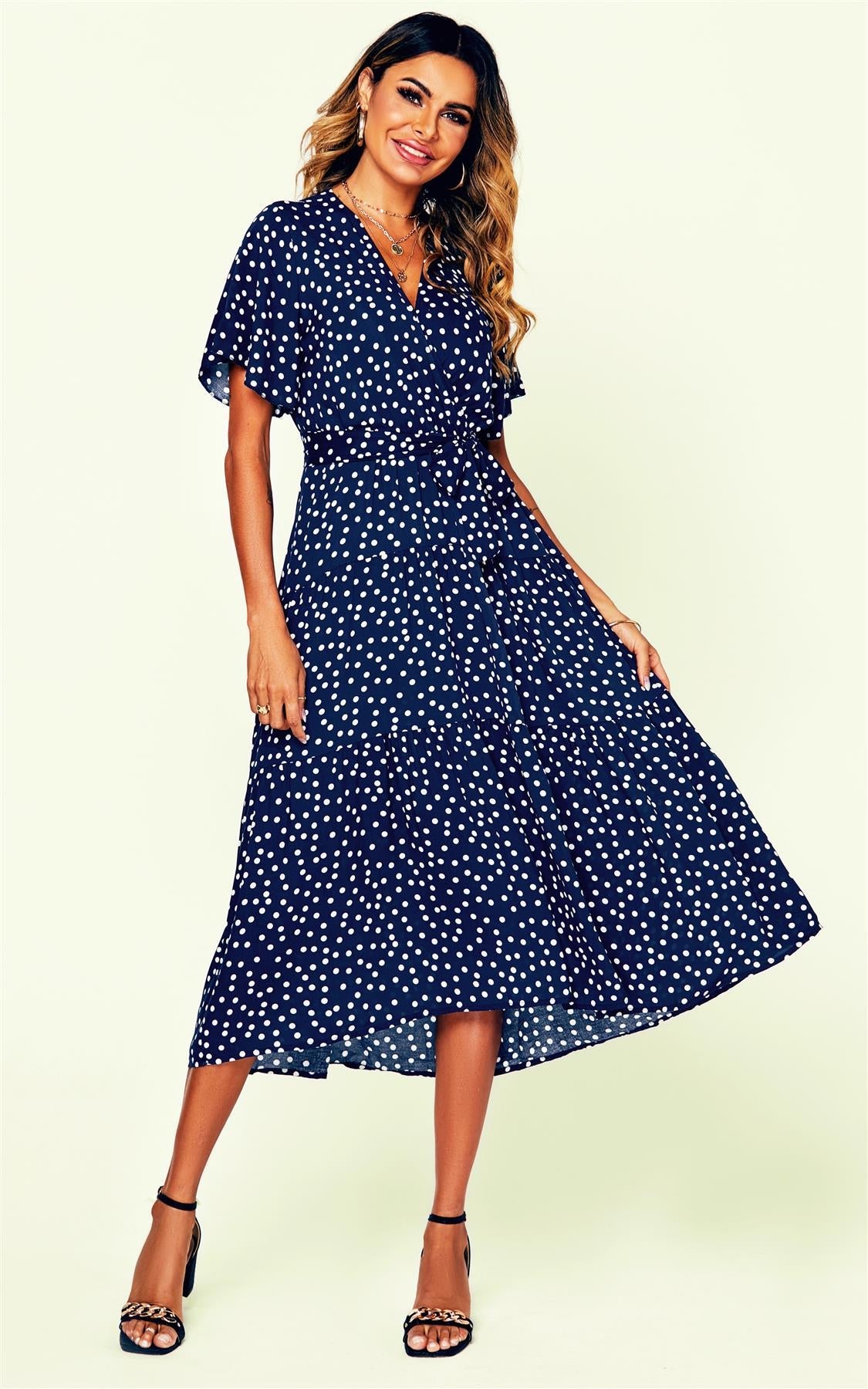 Polka Dot Hem Tiered Wrap Midi Dress In Navy