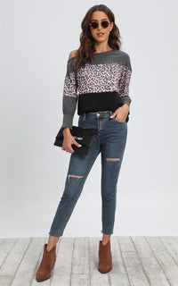 Leopard Print Cold Shoulder Grey Colour Block Relaxed Top In Black