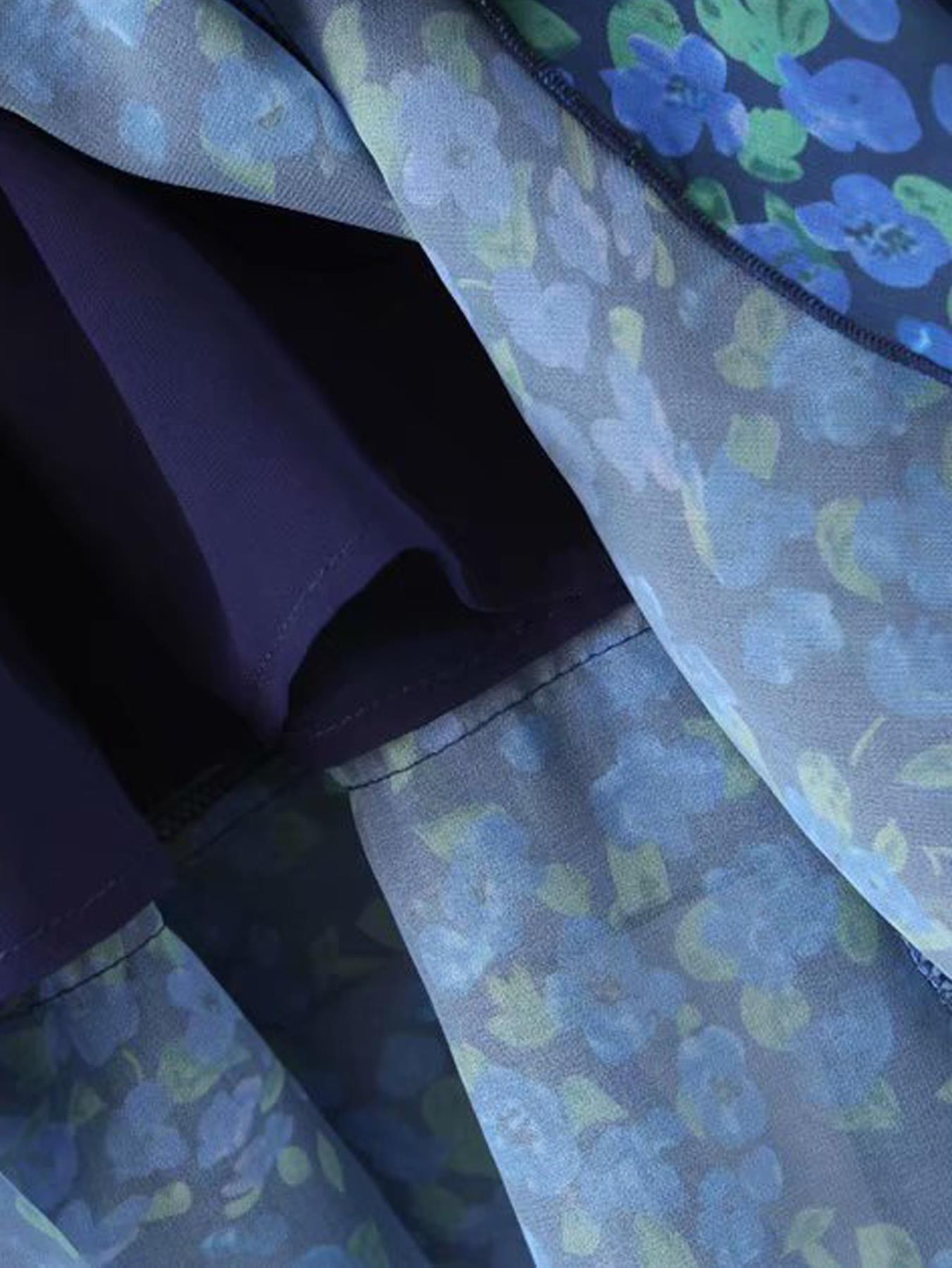 V Neck Long Sleeve Mini Dress With Frill Detail In Blue Floral Print