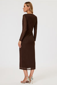 Long Sleeves Mesh Midi Dress In Brown