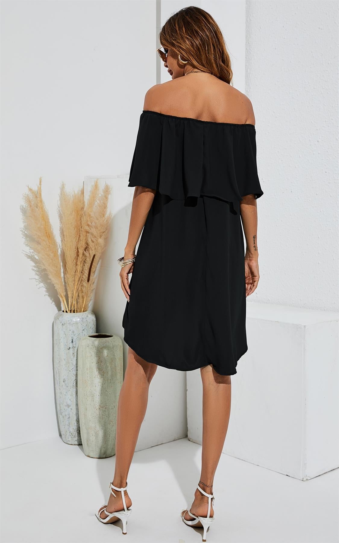 Bardot Frill Off Shoulder Mini Dress In Black