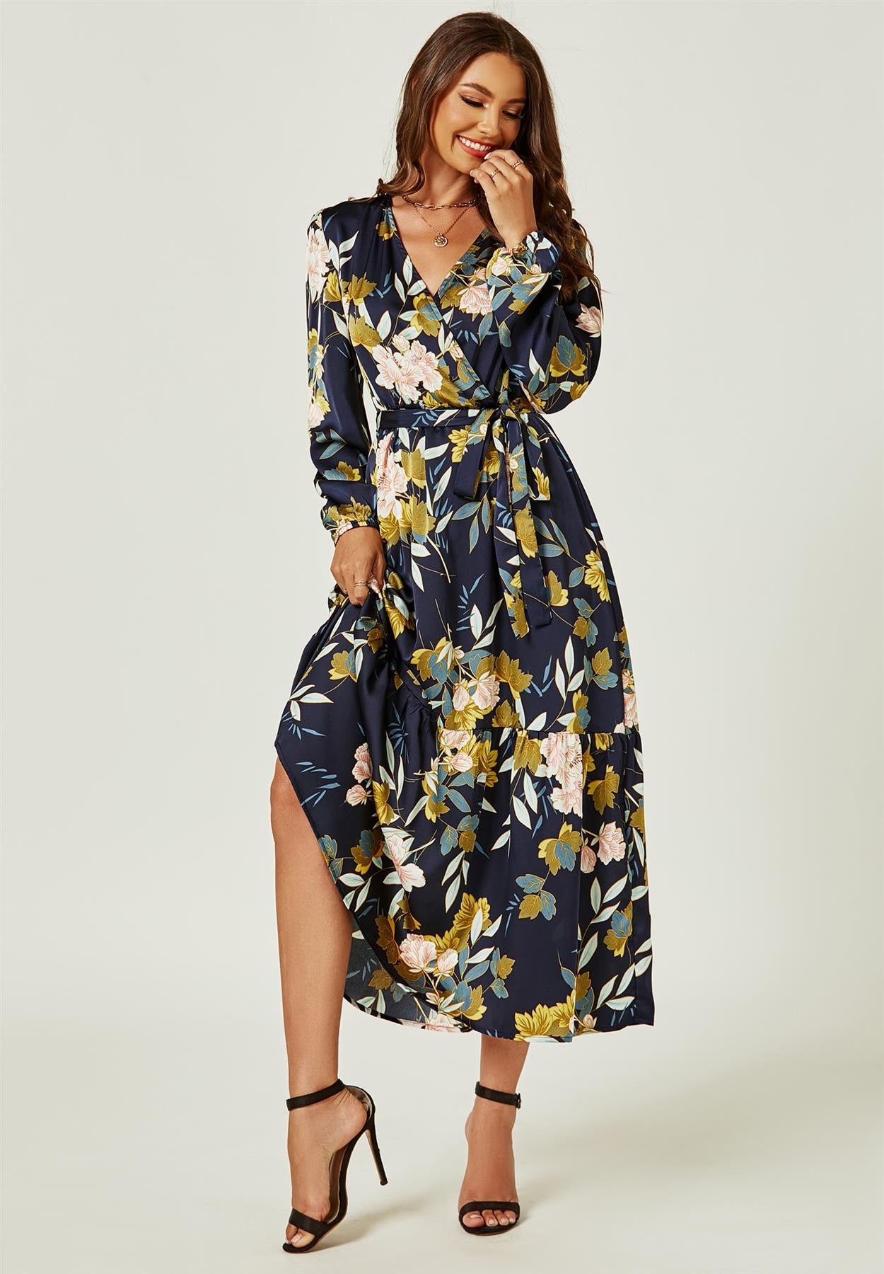 Feminine Floral Print Long Sleeve Wrap Midi Dress In Navy